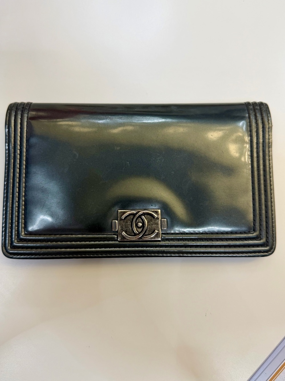 CHANEL Black Patent Leather Boy Flap Wallet with Silver-Tone CC Lock